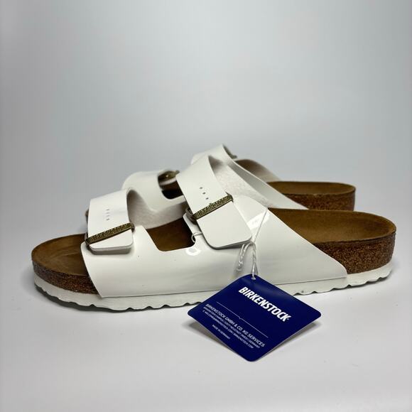 Birkenstock Unisex Arizona Two Strap Sandals in White Patent Birko-Flor